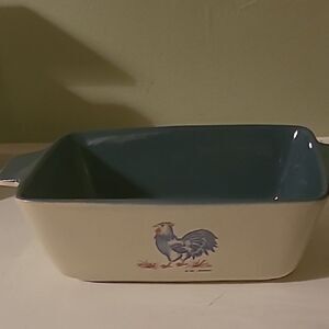 Ceramic Baking Dish with Rooster Design - Blue and Cream
